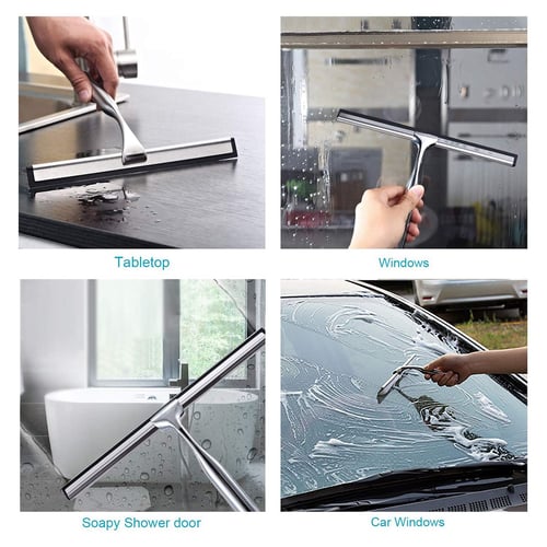 Window for Bathroom & Kitchen Mirror Car Glass Cleaning 25cm Stainless Steel Wiper with blade No-Drilling/Over-The-Door Shower Wiper Scraper Cleaner Window Squeegee Squeegee