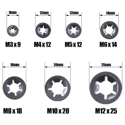 500pc Starlock Washers Push On Lock Star Nut Fastener Clips Lock Set M3-M12 
