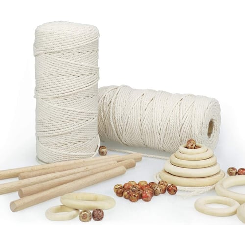 Macrame Cord Natural Cotton Rope w/Wood Ring Stick for DIY Hanging Plant Hanger 