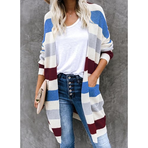 Womens Color Block Cardigans Oversized Striped Batwing Sleeve Open Front Knitted Sweater Outwear with Pockets