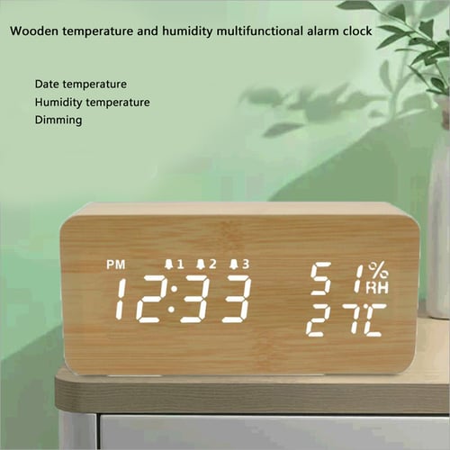 Led Wooden Temperature And Humidity Alarm Clock Table Control Digital Wood Electronic Desktop Clocks Decor Led Wooden Temperature And Humidity, Alarm Clock With Temperature And Humidity