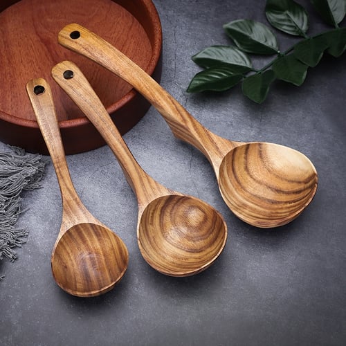 Natural Wooden Spoon Kitchen Classic Wood Long Handle Soup-ladle Flatware w/Hook 