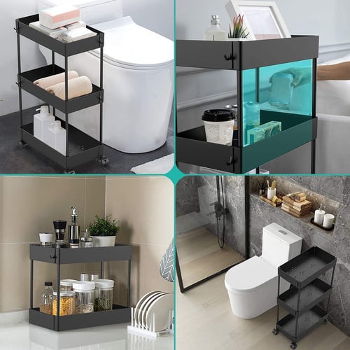 Slim Storage Cart 3 Tier Bathroom Organizer Slide Out Shelves Rolling Utility With Casters Wheels Storage Shelves Rolling Utility Cart, Slim Bathroom Storage Cart