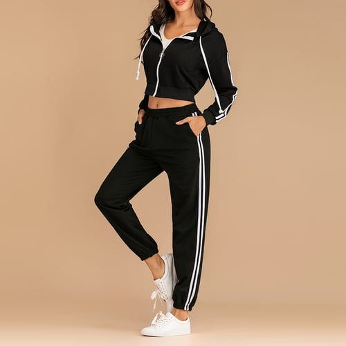 Women's Long Sleeve Sweatsuits Set 2-Piece Hooded Drawstring Crop Top Pullover Solid Color Hoodie Long 