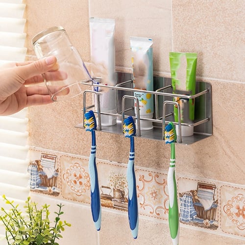 1pc Self Adhesive Stainless Steel Toothbrush Holder Wall Mounted Cup Holders 