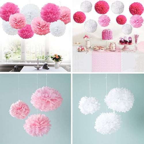 Wedding Decoration Pink & Ivory Hanging Tissue Paper Pom Poms Pack Of 9 White 