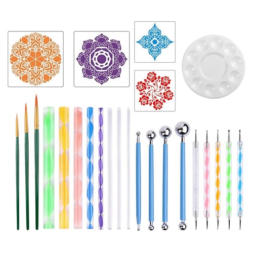 25Pcs Art Supplies Mandala Dotting Tools Stencil Painting Tool Kits Brushes Tray 