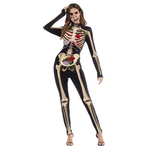 Women 3D Skeleton Bone Halloween Cosplay Costume Bodysuit Fancy Party Jumpsuit ~