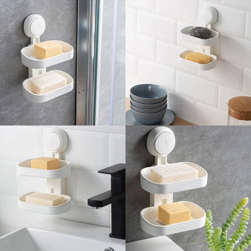 Double Layer Strong Suction Bathroom Shower Soap Holder Dish Tray Rack Shelf 