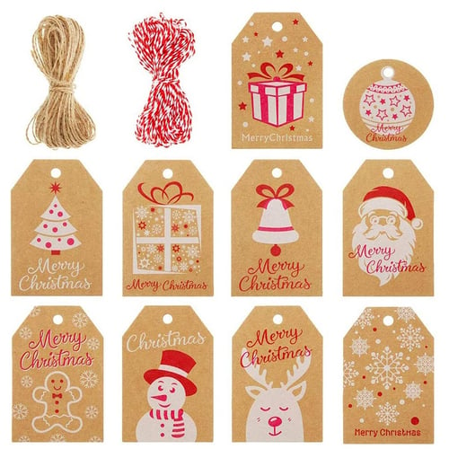 New 100Pcs Christmas Kraft Paper Gift Tags Label Luggage Blank+10M Red Strings