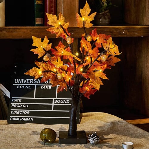 24 LED Light Up Fall Tree Tabletop Lighted Maple Tree Battery Operated Thanksgiving Table Decoration Lights Maple Leaves Pumpkin Thanksgiving Halloween Tree for Indoor Home Bedroom Fall Decorations
