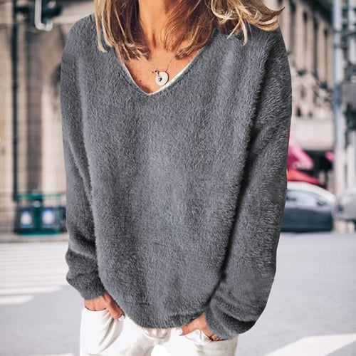 V Neck Pullover T-Shirt Jumper Loose Womens Tops Casual Solid Long Sleeve 