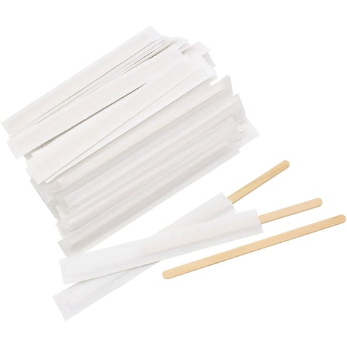 100Pcs Disposable Wood Coffee Stir Sticks Stirrers Individually Paper Wrapped Coffee Tea Beverage Stirrers Stirrings 7.5 Inch,190mm 