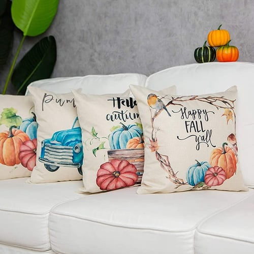 Fall Thanksgiving Farmhouse Modern Linen Cushion Cover Cases Decorative Pillowcase for Sofa Bed Couch Watercolor Hello Autumn Pumpkin Maple Leaves Throw Pillow Cover 18x18