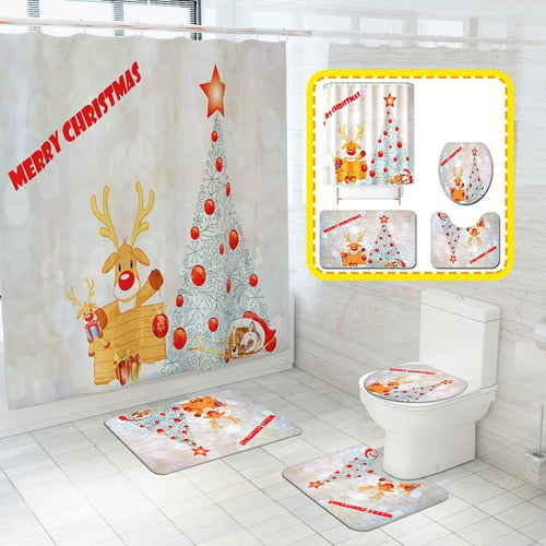 Merry Christmas Printing Bathroom Shower Curtain Toilet Waterproof Mat 4Pcs/Set 