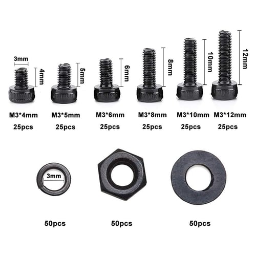for Construction Machinery 300 Pieces M3 Hexagon Socket Bolts Washers with Plastic Box Black Mechanical Parts Assorted Nuts Hardware Tools