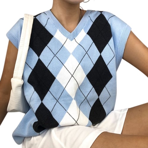 Women Girl Retro V Neck Sleeveless Plaid Knitted Crop Vest Pullover Sweater Top~