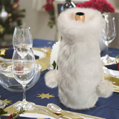 2 PCs Faux Fur Wine Bottle Cover with Drawstring for Christmas Holiday Party Home Table Decorations Christmas Wine Bottle Cover Bags