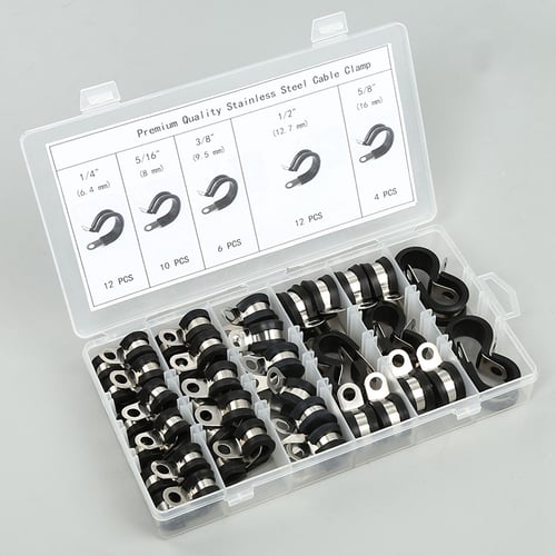 Cable Clamps Assortment Kit 44 Pieces Stainless Steel Rubber Cushion Pipe Clamp 