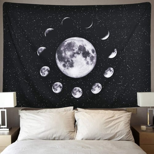 Moonlit Garden Tapestry Moon Phase Change Flowers Starry Sky  Night Wall Hanging 