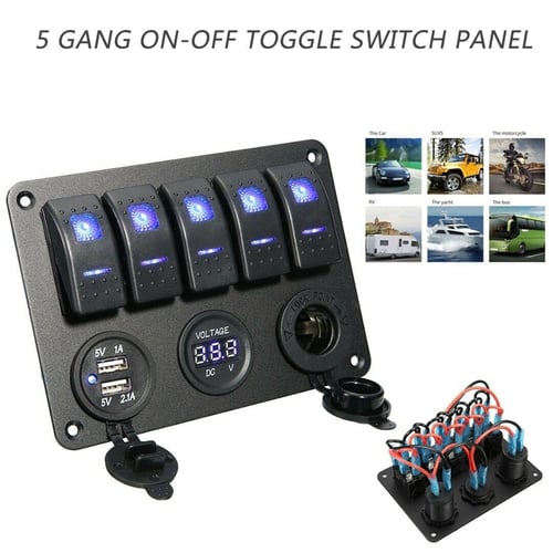 5 Gang ON-OFF Toggle Switch Panel 2 USB 12V Fit Marine RV Truck Camper Car Boat 