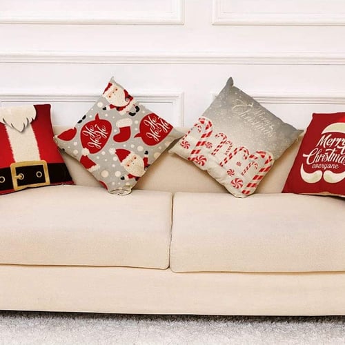 Christmas Pillow Cover Decorations Couch Bed and Car 4 PCS 18x18 Christmas Decorative Couch Pillow Cases Cotton Linen Pillow Square Cushion Cover for Sofa Red