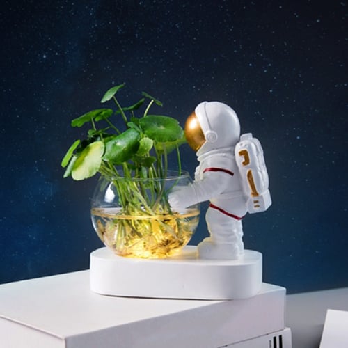 Glass Hydroponic Container Flower Planter Resin Astronaut Ornament with Light 