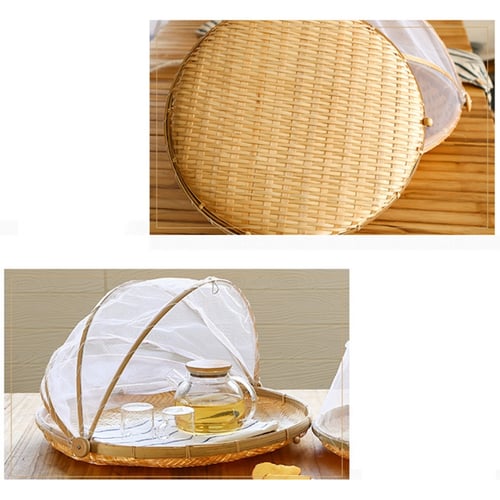 Food Storage Tray Bamboo Flower Basket Dustpan Foldable Dustproof Mosquito Cover 