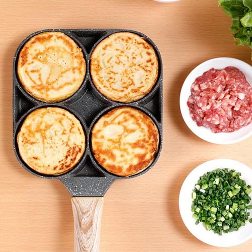 4 Hole Omelet Pan for Burger Egg Ham Pancake Maker Wooden Handle Frying Pan 