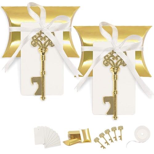 50xSkeleton Key Bottle Opener With Tags Card Souvenirs Wedding Dinner Favors 