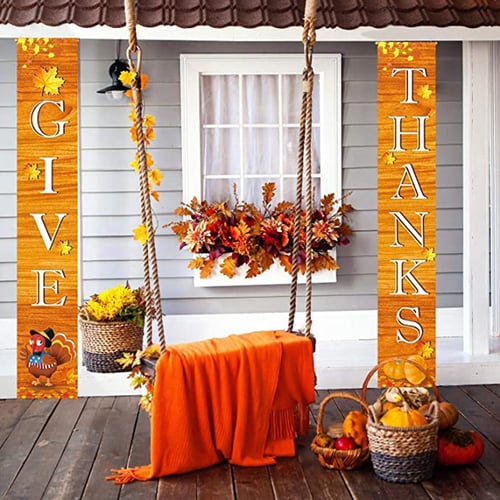 Happy Fall Thankful Hanging Banner Thanksgiving Porch Sign Autumn Pumpkin Maple 