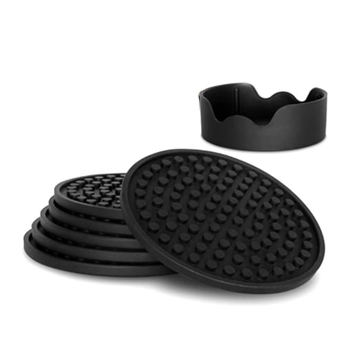 Set of 6 Silicone Bar Drink Table Coasters Cup Mats w/Holder Black NEW 