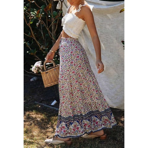 Womens Blue Flower Hollow Skirt Drawstring Long A Line Dress Cotton Lace Fashion 
