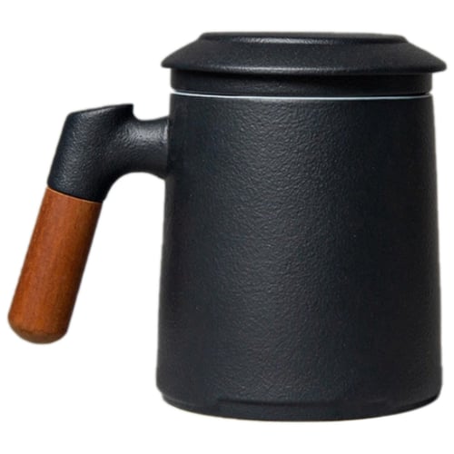 with Infuser and Lid Chinese Ceramic Tea Cup Matte Grey Sandalwood handle Tea Mug 13 oz 