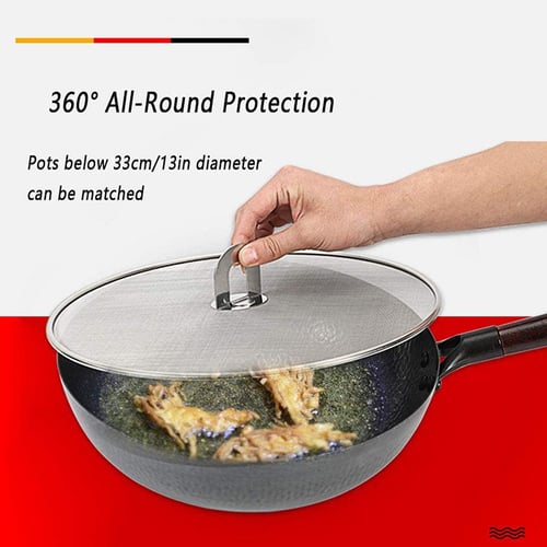 KITCHEN SPLATTER SCREEN FRYING PAN COVER GUARD PROTECT LID MESH OIL GREASE STEEL 