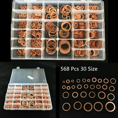 568Pcs Copper Washers Gasket Set 30 Sizes Flat Ring Seal Kit With Plastic Box 