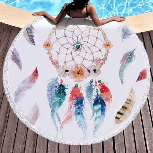 Peacock Feathers Mandala Print Beach Towel Yoga Camping Blanket Round Creative 
