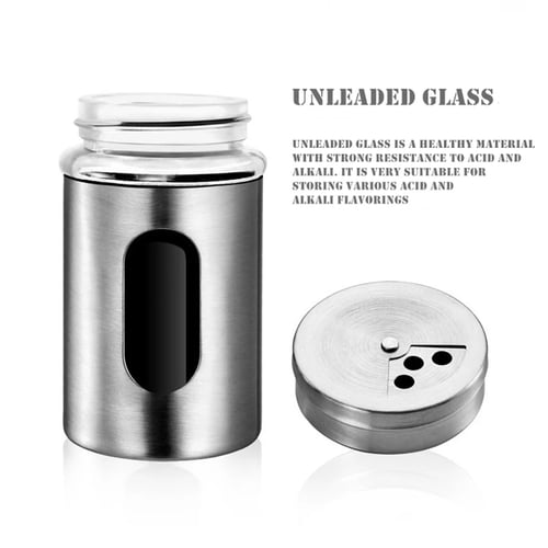 2-Pc Stainless Steel Covered Glass Salt & Pepper Shaker Seasoning Rotating Cover 