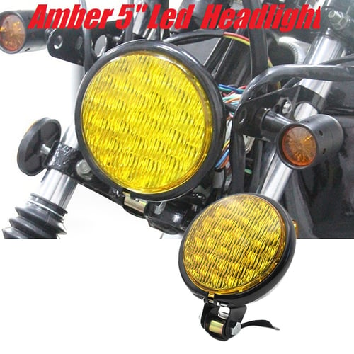 Retro 5 3/4" Vintage Amber Grille Front Headlight For Harley Cafe Racer Cruiser