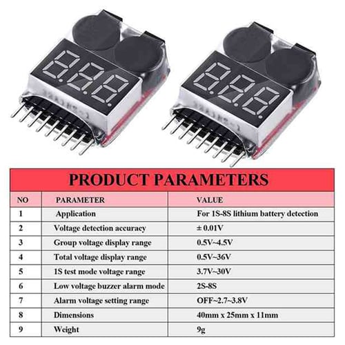 2 In1 Indicator 1-8S Lipo Li-ion Battery Voltage Tester Low Voltage Buzzer Alarm 