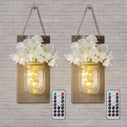Mason Jar Wall Lights With Remote Control Hanging Battery Powered Sconce Led Fairy Set Of 2 - Mason Jar Lights Wall Hanging