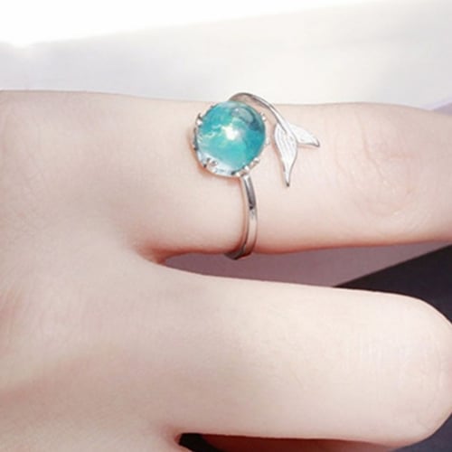 Girls Gift Mermaid Bubble Rings Silver Color Blue Crystal Adjustable Size 