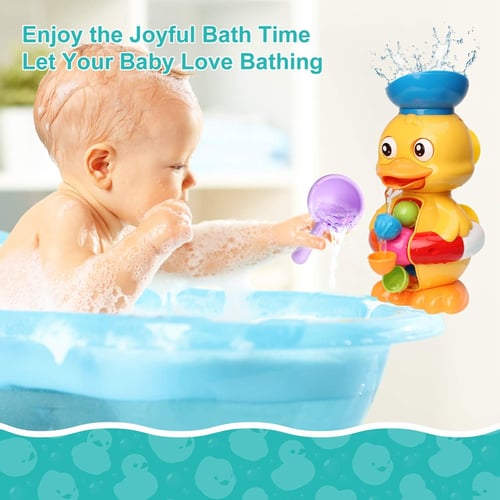Fun Water Spraying Bathtime Waterfall Duck Bath Toy with Spinning Wheel & Scoop 