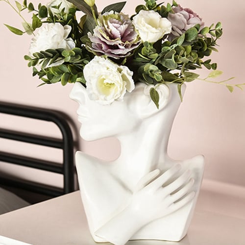 1X Nordic Creative Ceramics Vase Human Head Abstract Half Body Flower Pot Flower 