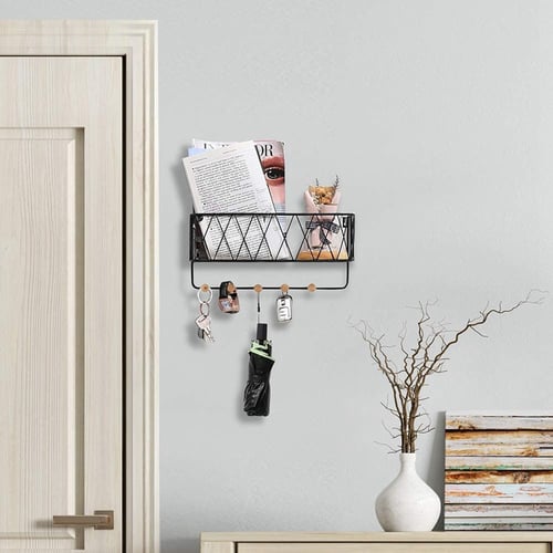 Wall Mounted Mail Holder With 6 Key Hooks Wire Mesh Storage Basket Hanging Suitable For Office - Wall Hanging Mail Holder