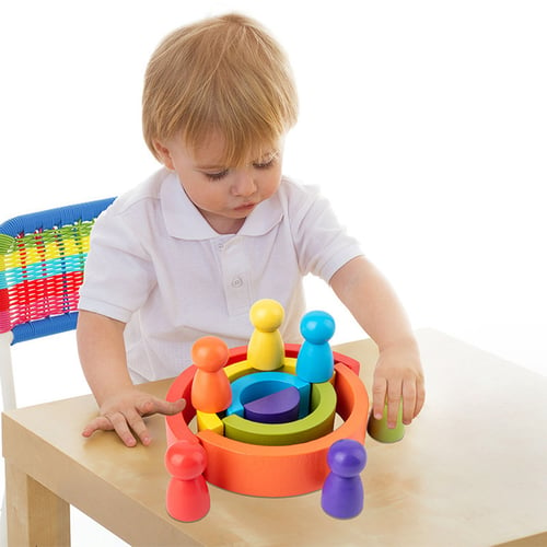Wooden Montessori Toys Rainbow Stacking Blocks Color Shapes Learning Toys 