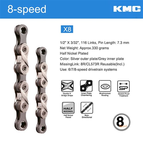 NEW KMC X8 SILVER GRAY 8 SPEED REPLACEMENT BICYCLE CHAIN fits SHIMANO SRAM 116L