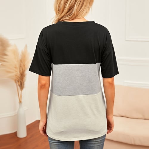 Womens Short Sleeve Color Block Patchwork Loose Fits Shirt Tunic Tops Blouses