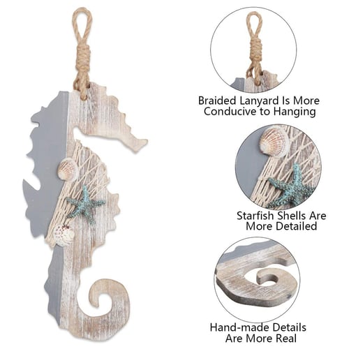 Wooden Decor Seahorse With Starfish And Ss For Nautical Decoration Wall Hanging Ornament Beach Theme Home - Seahorse Home Decor