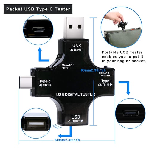 2 in 1 USB Meter Tester IPS Screen Digital Type C DC Voltage Current Monitor 
